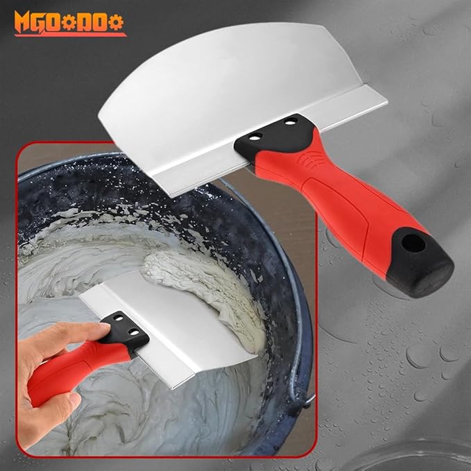 Mgoodoo 2PCS Stainless Steel Bucket Scoop,6.5 inch Curved Contoured Blade Putty Knife for Drywall & Plaster,Rustproof Scraper Tools with Soft-Grip Handle for Clean Paint,Mortar,Putty,etc(Red)