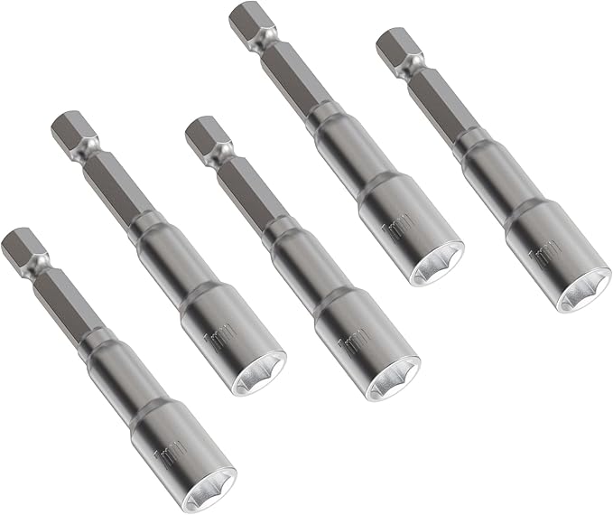 FOCKEAMS 5Pcs 7mm/0.28in Magnetic Nut Setter Driver Drill Bit,Quick-Change,Impact Nut Driver Kit for Electric Drill,1/4" Hex Shank Drill Socket,65 mm Length Cr-V Adapter Drill Bits,Metric&SAE