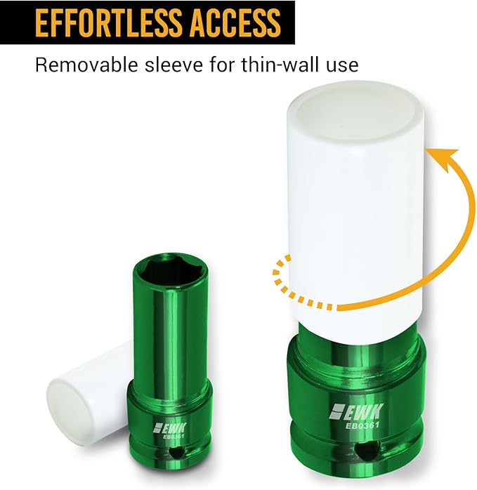 EWK 1/2" Drive 22mm Lug Nut Socket, 22mm Impact Socket, Non-Marring Protective Sleeve Prevents Damage to Custom Rims