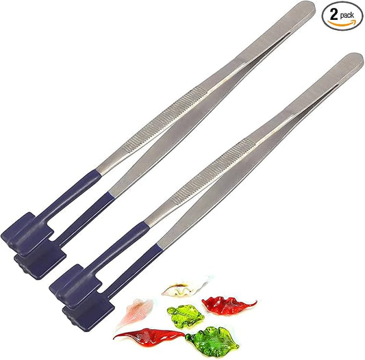 Pack of 2 8 Inch Rubber Tipped Tweezers PVC Silicone Coated Soft Non Marring Flat Tip Lab Industrial Hobby Craft Tweezers Tools, Blue