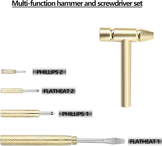 6-in-1 Micro Mini Multifunctional Anti-Corrosion and Anti-Rust Copper Hammer and Screwdriver Hand Tool, Mini Screwdriver Hammer is perfect for opening walnut repair drone phones (Yellow)