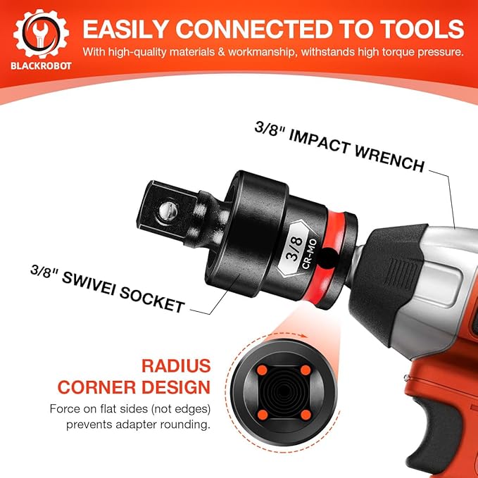 BLACKROBOT 3/8" Drive Impact Universal Joint Set, CR-MO Swivel Socket Adapter for Automotive & Motorcycle Repair, Flexibly Reach Tight-Angle Fasteners