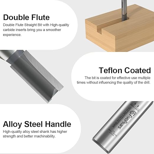 FivePears Straight Router Bits 1/2 Inch Shank Double Flute, 15/32 Inch Cutting Diameter, 1 Inch Cutting Length, Used for Create Groove, Dado or Hollow