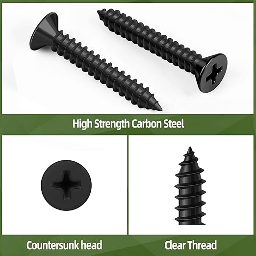 50 PCS #10 x 1-1/4" Black Sheet Metal Screws, Flat Head Phillips Fast Self Tapping Screws, Countersunk Head Wood Screws, Carbon Steel, Screwdriver Bit Included