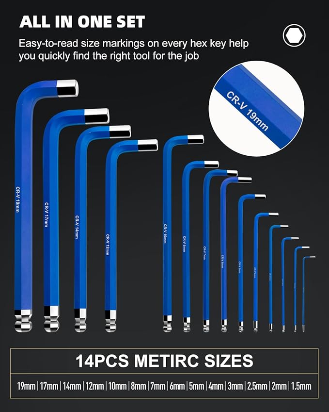 ROTATION 14PC Jumbo Hex Key Set - Metric 1.5-19mm Long Ball End high-strength chrome vanadium Steel | Automotive Mechanic Furniture | Pro-Grade Allen Wrench Tools