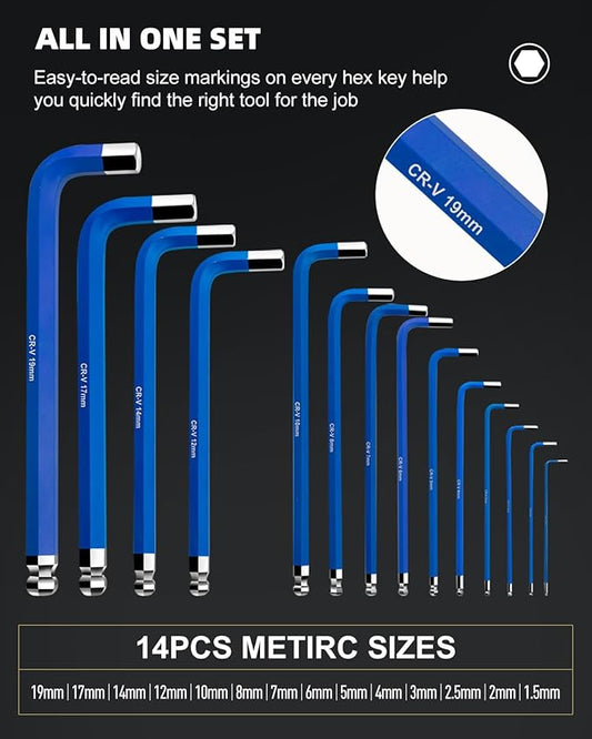 ROTATION 14PC Jumbo Hex Key Set - Metric 1.5-19mm Long Ball End high-strength chrome vanadium Steel | Automotive Mechanic Furniture | Pro-Grade Allen Wrench Tools