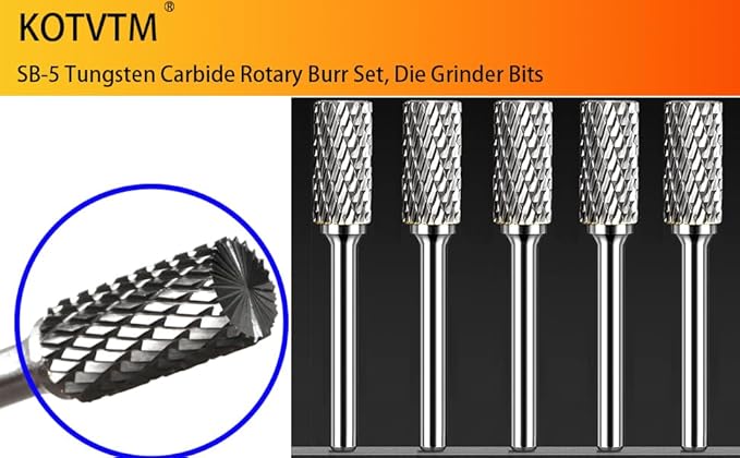 SB-5 Carbide Burr Set Tungsten Die Grinder Bits (1/2" Head Dia X 1" Cutter Length) with 1/4" (6.35mm) Shank for Die Grinder Bits Drill Rotary Tools Cylinder Shape (Pack of 5)
