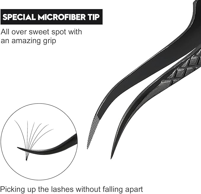 Ms.Queen Eyelash Extension Tweezers,Microfiber Tip Curved Lash Tweezers for Volume, Isolation& Classic Lashes Extensions,Black