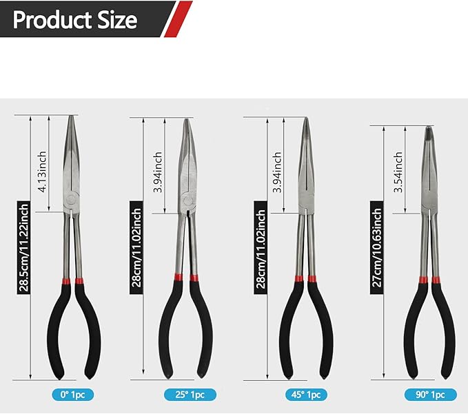 4-Piece 11" Precision Long Nose Pliers Set with Insulated Comfort Grip Handles,Straight Long Needle Nose Pliers,25/45/90 Degree Angle Curved Pliers for Wire Bending,Shaping,Trimming