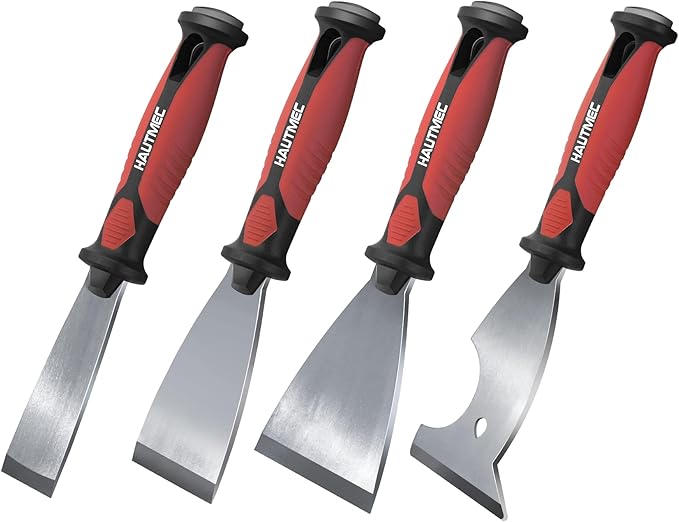 HAUTMEC 4pc Putty Knife Set, Paint Scraper, Flat Heavy Duty Stainless Steel Blade and Hammer End for Removing Wallpaper for Puttying Plaster, Cement