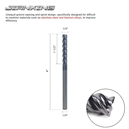 1/4" Extra Long 4-Flute Carbide Square End Mill for Stainless Steel & Titanium Alloy (TC4/TC7), AP Coating, Variable Helix, High-Performance Milling Cutter(1-Pack)