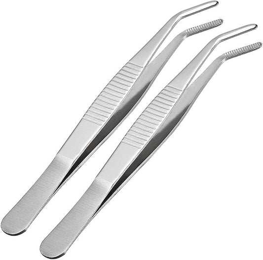 uxcell 2 Pcs 5-Inch Stainless Steel Tweezers with Curved Serrated Tip