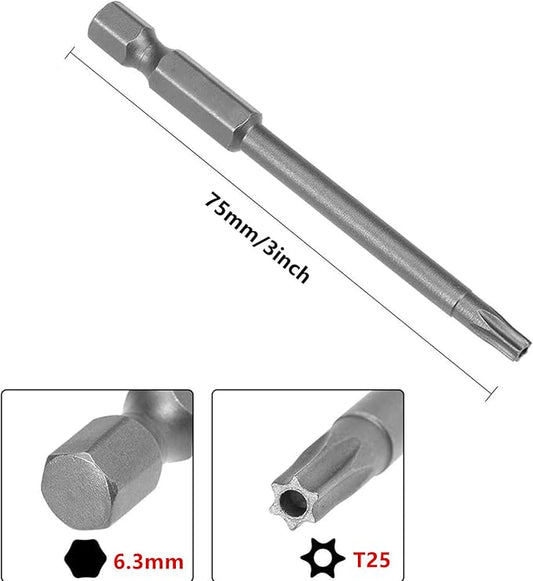 XMHF 10Pcs 75mm/3inch Long 1/4 Inch Hex Shank T25 Torx Head Magnetic Screwdriver Bits Security Tamper Proof Star 6 Point Screw Driver Set