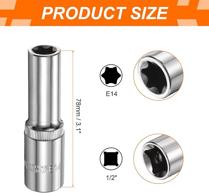 HARFINGTON 2pcs E-Torx Socket 1/2" Drive E14 Star Female Socket 3.1" Length External Torx Deep Sleeve Chrome Plating 6 Point Spline Sleeve for Auto Repairs Home Maintenance