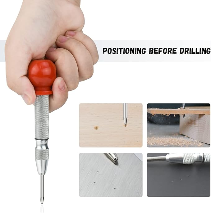 2 Pack Automatic Center Punch, 5 Inch Crushing Hand Tool Spring Punch with Cushion Cap, Metal Impact Center Hole Punch for Metal Wood Glass Plastic(Silver)
