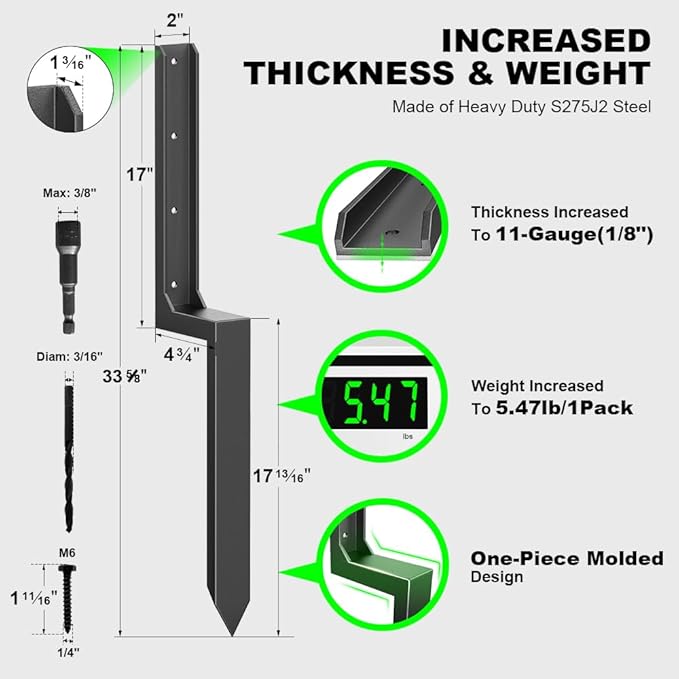 Fence Post Repair Kit - Thickened 11-Gauge Steel Anchor & Stakes to Fix Broken/Leaning 4x4/6x6 Wood Post Support (Heavier at 5.47 lbs, 1-Pack)