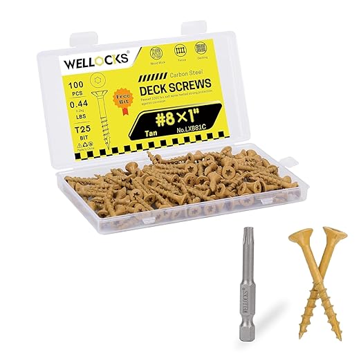 WELLOCKS Deck Screws, Wood Screws, Tan, Superior Rust Resistant, Epoxy Coated, Above 1000 Hour Salt Spray Coating T25 Torx Star Bit Included for Outdoor Wood Fence (Trial Size 0.44LBS, #8횞1")
