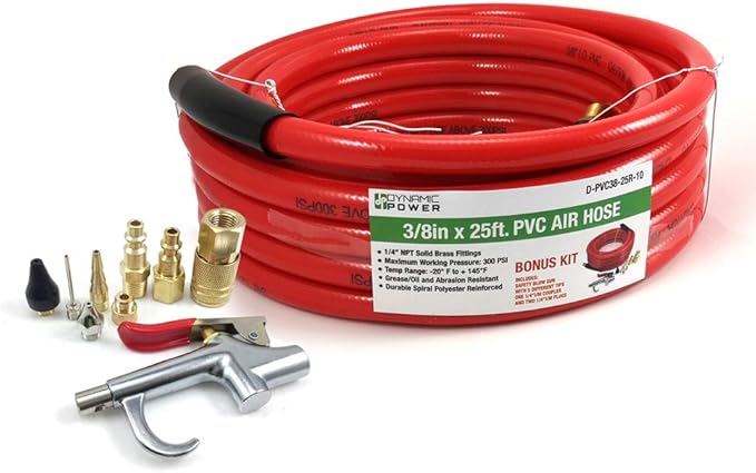3/8 x 25 FT PVC Air Compressor Hose + 10 Pieces Air Compressor Accessories Kit