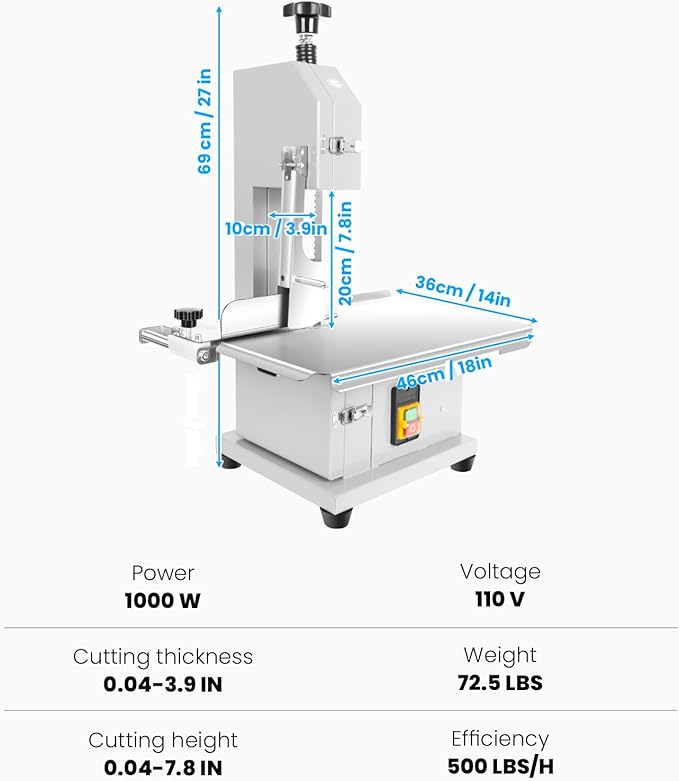1000W Electric Bone Saw Machine, 18x14" Stainless Steel Worktable, Cuts 0.04-3.9" Thickness, Frozen Meat Cutter with 8 Blades Included, Commercial Bandsaw Machine for Rib Pork Beef