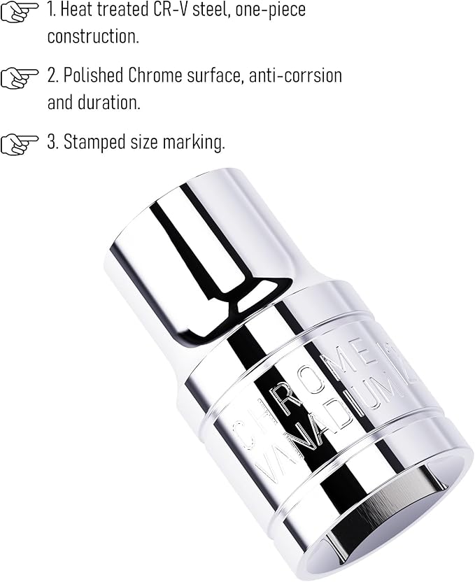 12mm Shallow Socket, 1/2 Inch Drive, 6-Point, Metric, Heat Treated CR-V Steel Short Sockets, Full Polishing, 1.5 Inch Length