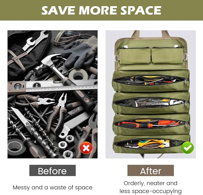 Roll Up Tool Bag, Heavy Duty Tool Organizer with 5 Compartments & 2 Detachable Pouches, Portable Foldable Waterproof Tools Bag for Dad Men Electrician Mechanic Gifts (COLOR:Green)