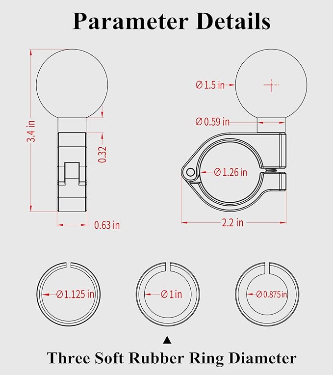 BRCOVAN 1.5'' Ball Mount, Aluminum Alloy Handlebar Clamp Base, Fit for Round Rails 0.875'' / 1'' / 1.125'' / 1.26'' in Diameter, Compatible with RAM Mounts C Size 1.5 Inches Ball Double Socket Arm