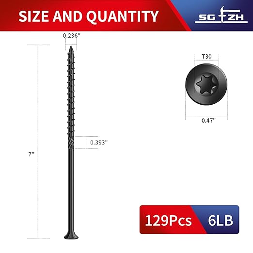 #14 x 7 Inch Deck Screws (129Pcs) 6lb. Carbon Steel, Black, Flat Head, Rust Resistant epoxy Coated, with T30 Star Bit