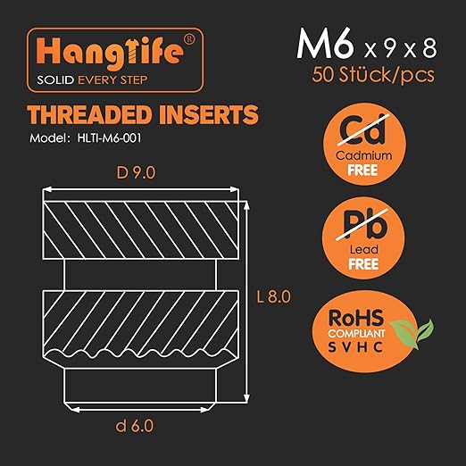 HANGLIFE Heat-Set Threaded Inserts, M6 Heat Set Insert for 3D Printing Components and Plastic Parts - Brass Metric Knurled Nuts (50 Pieces)