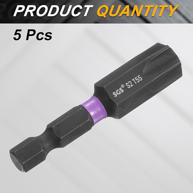 HARFINGTON 5pcs T55 Torx Head Impact Screwdriver Bits 1/4" Hex Shank 2" (50mm) Long Magnetic No Hole Tamper Proof 6 Point Star Screw Driver Drill Bits Phosphate S2 Steel Power Tools