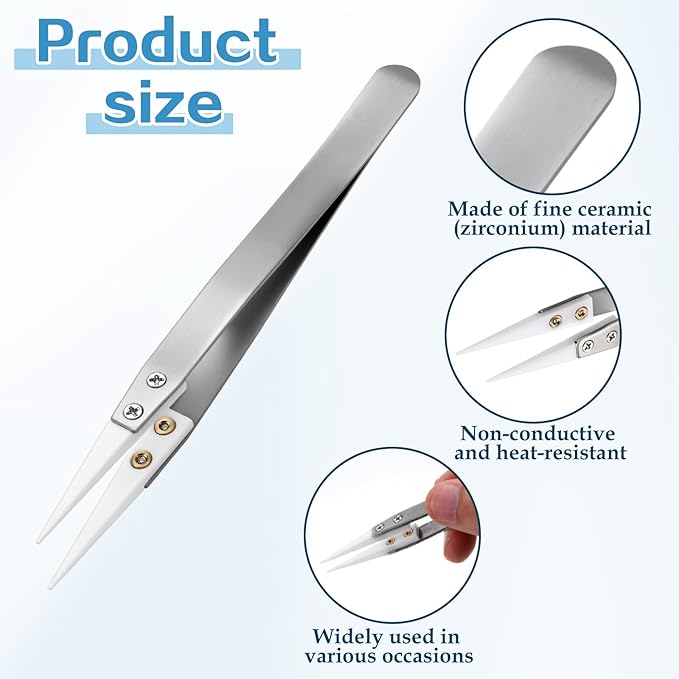 Pointed Ceramic Tweezers, Stainless Steel Precision Pointed Ceramic Tweezers Non-Conductive Anti Static High Temperature Resistant Fine Point Tweezer for Electronic Repair, DIY Crafting Hobby Tools