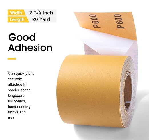 S SATC 600 Grit PSA Longboard Sandpaper 20 Yard Long Continuous Roll, 2-3/4" Wide Self Adhesive Stickyback Sanding Sheets for Automotive, Hand Sanding Blocks,Woodworking, Metal, Plastic