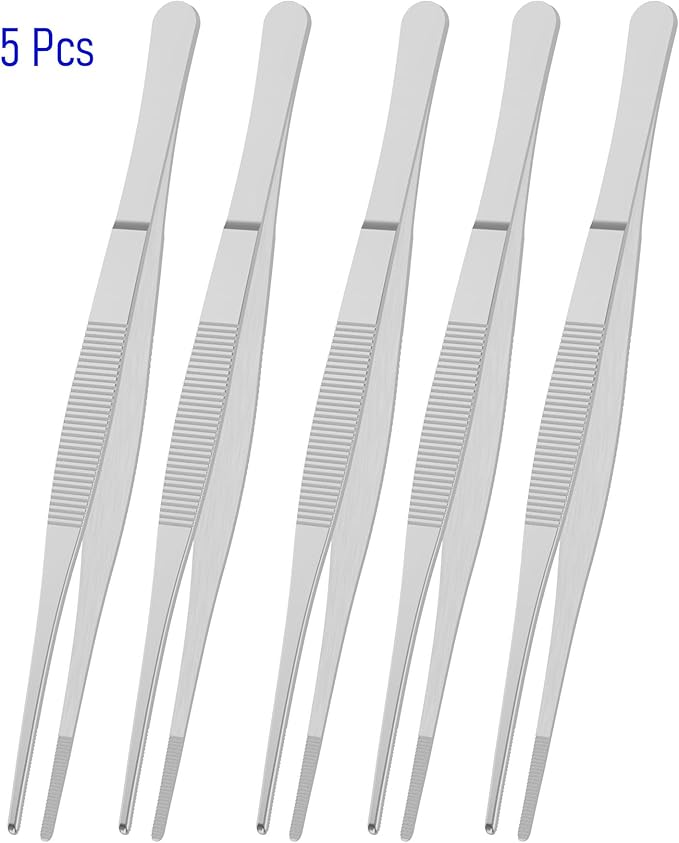 5 PCS 7.1 Inch Stainless Steel Tweezers, with Straight Round Blunt Serrated Tip, 3/64 Inch Thickness Stainless Steel, Multipurpose Daily Garden Home Lab Craft Repairing Tool