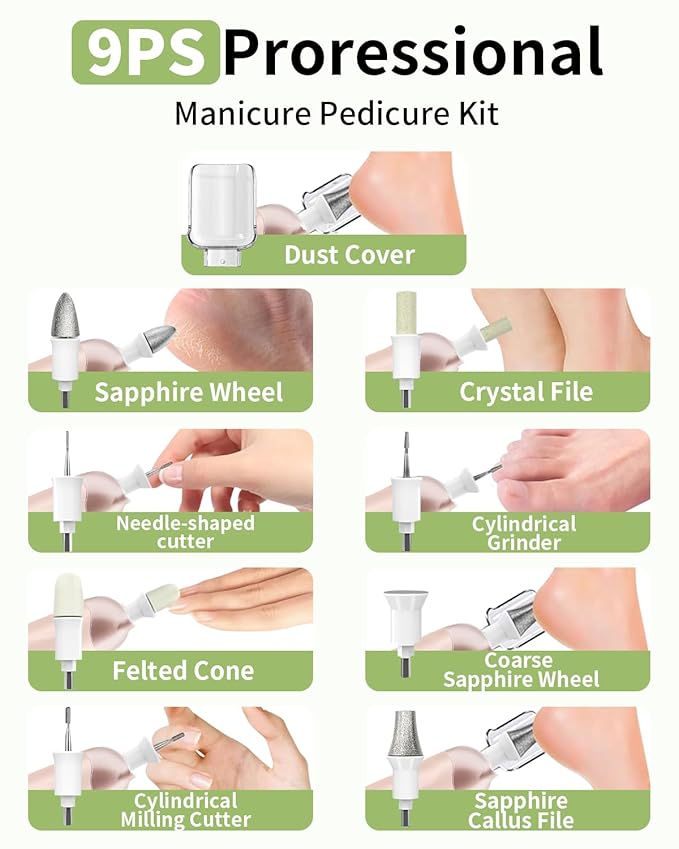 Professional Manicure Pedicure Kit, Cordless Electric Nail File Set, Rechargeable Pedicure Tools for feet, 5 Speeds Hand Foot Care Nail Drill for Thick Nail Toenail Cuticle Women Men Baby Pets-Green