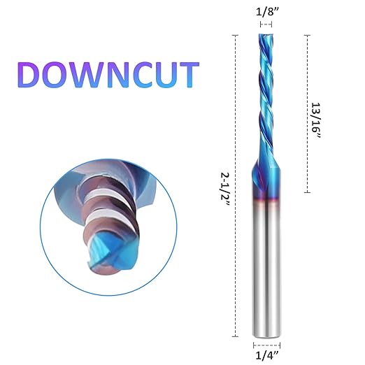 HQMaster Spiral Router Bit Downcut 1/4 Inch Shank Solid Carbide CNC Router Bit with Nano Blue Coating CNC Bits End Mill for Woodwork Mortise Slot Trim, 5 Pack