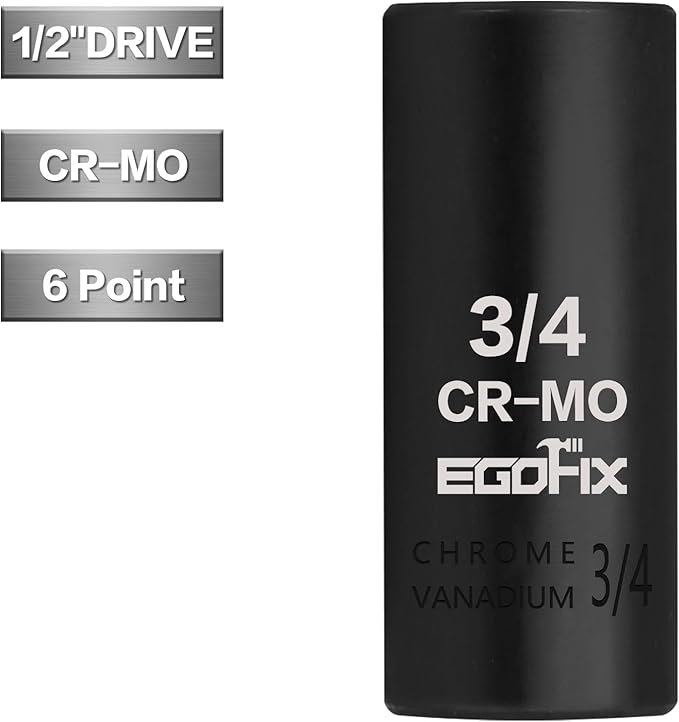 1/2" Drive Deep Impact Socket, 3/4 Inch SAE Socket, CR-MO 6 Point for Easy Removal of Axle Nut