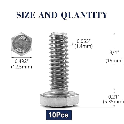 5/16-18 x 3/4" Hex Head Screw Bolt, 10Pcs 18-8 (304) Stainless Steel, Fully Threaded, Plain Finish, by SG TZH