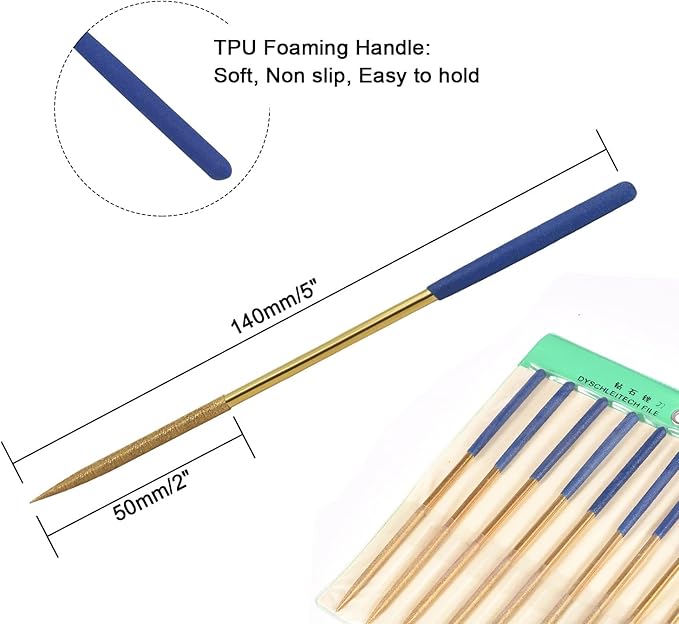 10 PCS Diamond Needle File (3×140mm) 150 Grit Titanium Coated Mini Metal Files Round Files for Precision Metal File Work Miniature DIY Jewelers/Glass/Ceramic