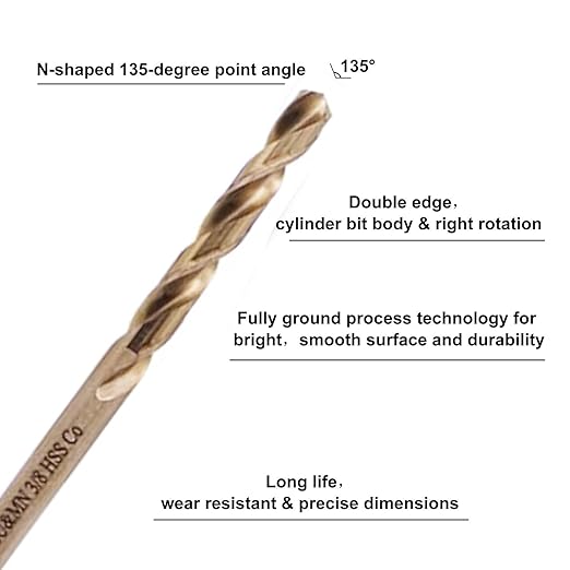 3/8" M35 Cobalt HSS Jobber Length Twist Drill Bit with Straight Shank,Heavy Duty, Pack of 10 PCS, Drilling for Cast Iron, Heat-Treated Steel, Stainless Steel and Other Hard Materials by LU&MN