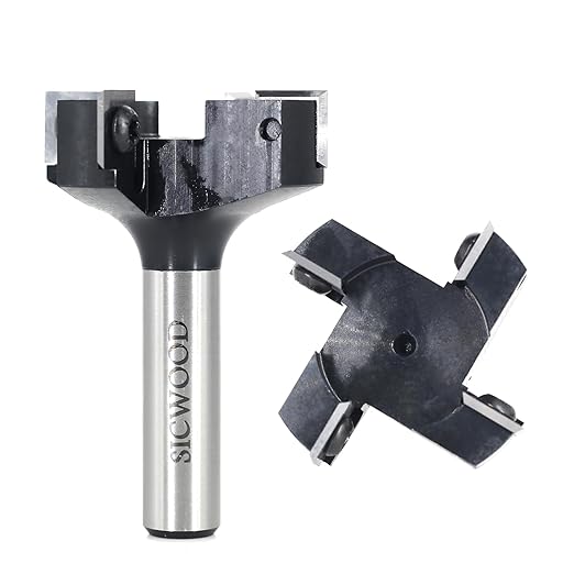 Slab Flattening Router Bit 1/2 Shank, 4-Flute 2" Cutting Dia, Insert Carbide CNC Spoilboard Surfacing Router Bit, Wood Planer Planing Bit for Flycutter/ Slab Leveler/ Rabbeting by SICWOOD