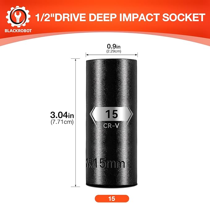 BLACKROBOT 1/2 Inch Drive 6-Point Deep Socket, 15mm Deep Impact Socket, CR-V Steel