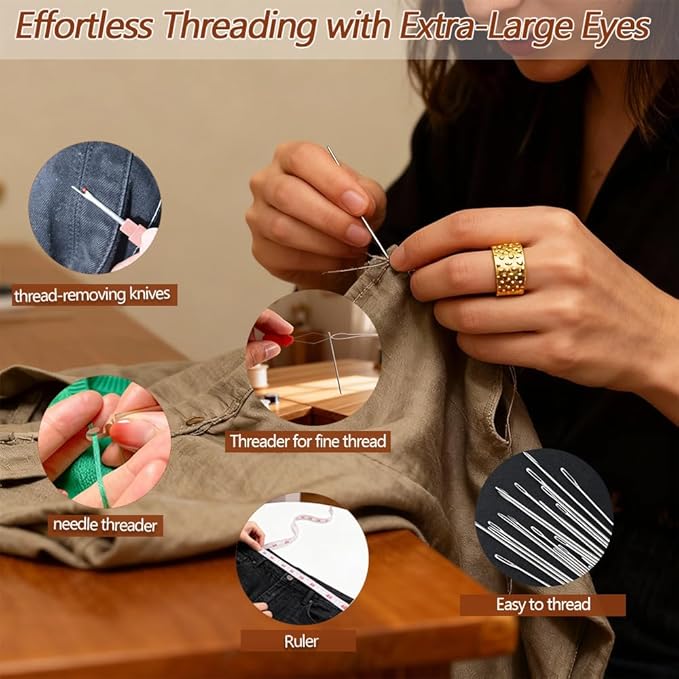 75 PCS Sewing Tool Set, Big Eye Steel Sewing Needles Kit with 10 Rolls Jeans Thread & Strawberry Pin Cushion Holder, Denim Needles Hand Repair Kit for Beginners, Portable DIY Travel Working