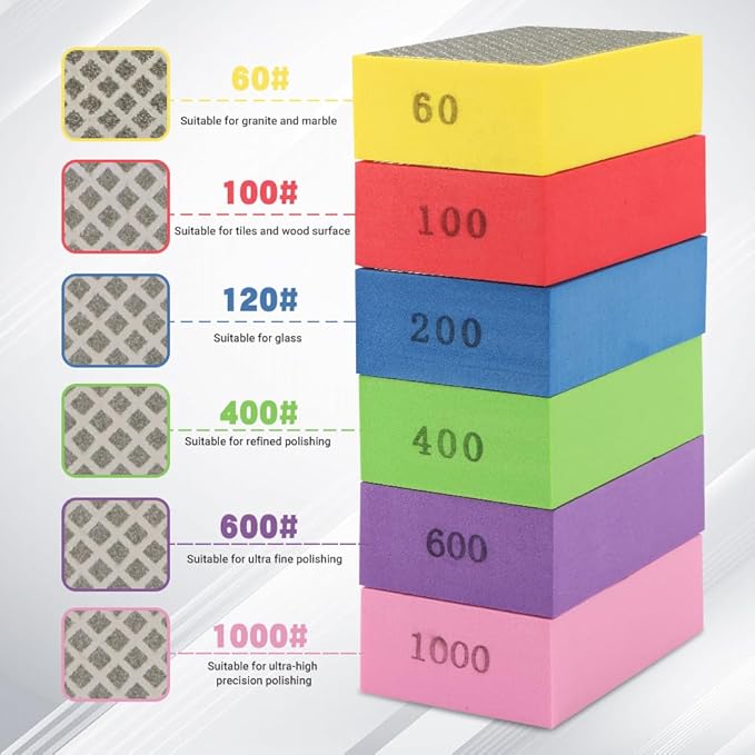 6 Pack Diamond Polishing Pads, Sanding Blocks, Tile Tools Foam Backing Diamond Sanding Pads Grit 60,100,200,400,600,1000 for Tile Glass Ceramic Wood Marble Metal