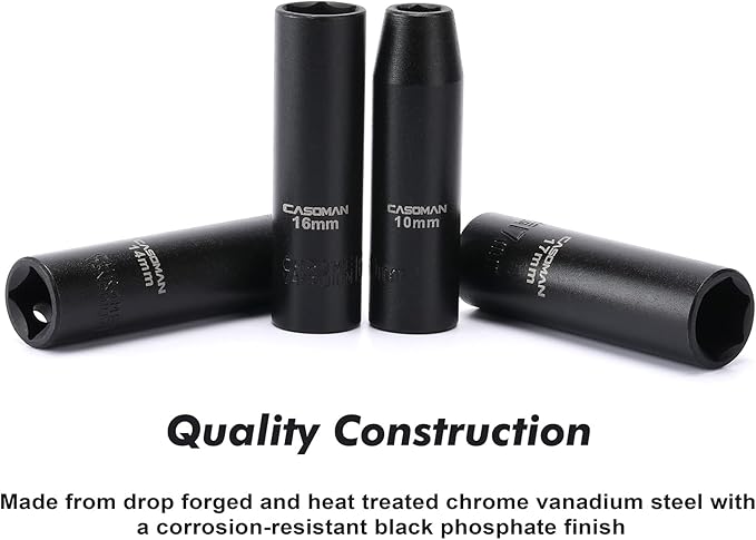CASOMAN 11 Pieces 1/2-Inch Drive Deep Impact Socket Set, 6-Point, Metric, 10mm to 24mm