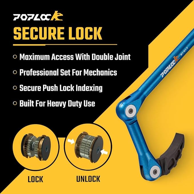 Poplock Indexing Pry Bar Set, 3-Piece Adjustable Pry Bars with Double Push-Lock | 8, 12 & 17 inch Double-Joint 121 Position Prybar for Automotive, DIY & Industrial Use