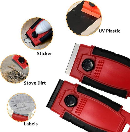 Plastic Razor Blade Scraper Hand Held Window Vinyl Tint Scraper with Protective Cover Razor Blade Red Scraper,10 Metal Razor Blades 10 Black Plastic Scraper Blades Removal Scraping Tool Kit