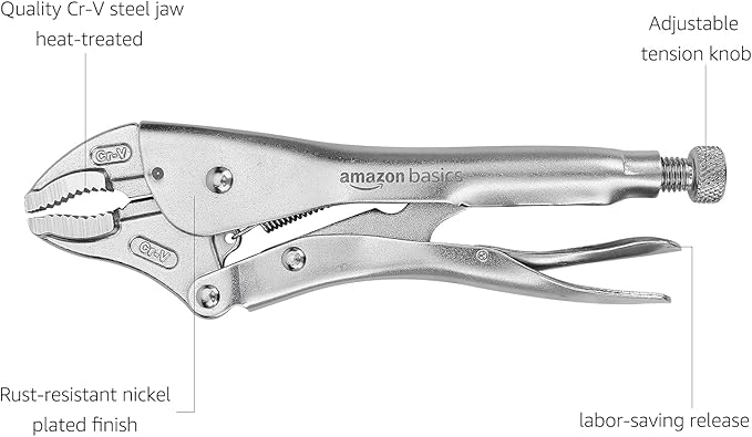 Amazon Basics 5-Piece CR-V Locking Pliers and Wire Cutters Set with Carrying Case, 2 Straight, 3 Curved Jaw, 6.5-10 inch, Silver