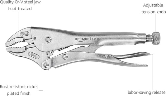 Amazon Basics 5-Piece CR-V Locking Pliers and Wire Cutters Set with Carrying Case, 2 Straight, 3 Curved Jaw, 6.5-10 inch, Silver