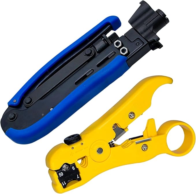 Gaobige Coax Cable Crimper Kit, Coaxial Compression Tool Adjustable RG6 RG59 RG11 75-5 75-7 Coaxial Cable Stripper with 20PCS RG6 Connectors, 10PCS Female to Female Connectors, 6PCS RG11 Connector