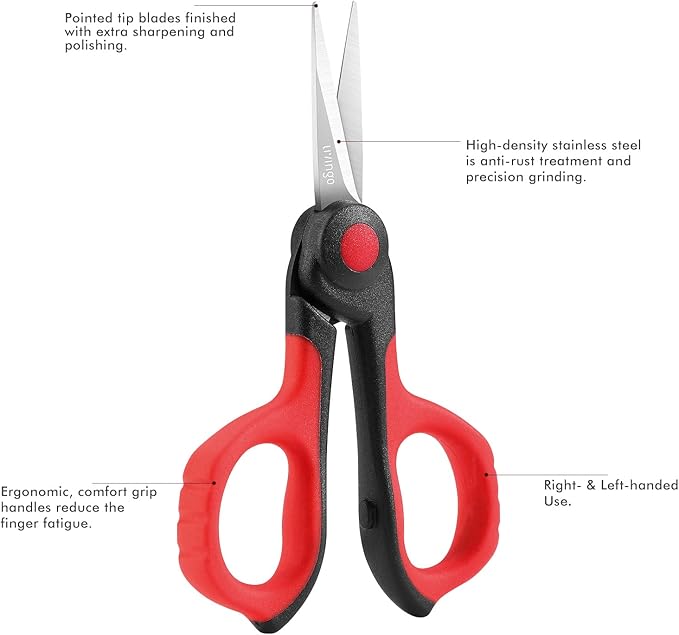 LIVINGO 4.5??Small Sharp Embroidery Scissors, Precise Detail Pointed Tip Stainless Steel Shears for Cutting Fabric, Needlework Thread Yarn Craft Sewing, Scrapbook, Paper, 2 Pack Red/Black