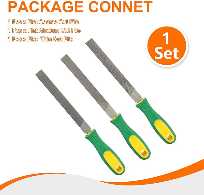 HARFINGTON 3pcs Flat Cut File 6" Double Cut Teeth High Carbon Steel Hand Rasp File with Plastic Handle for Metal Wood Deburring Removing